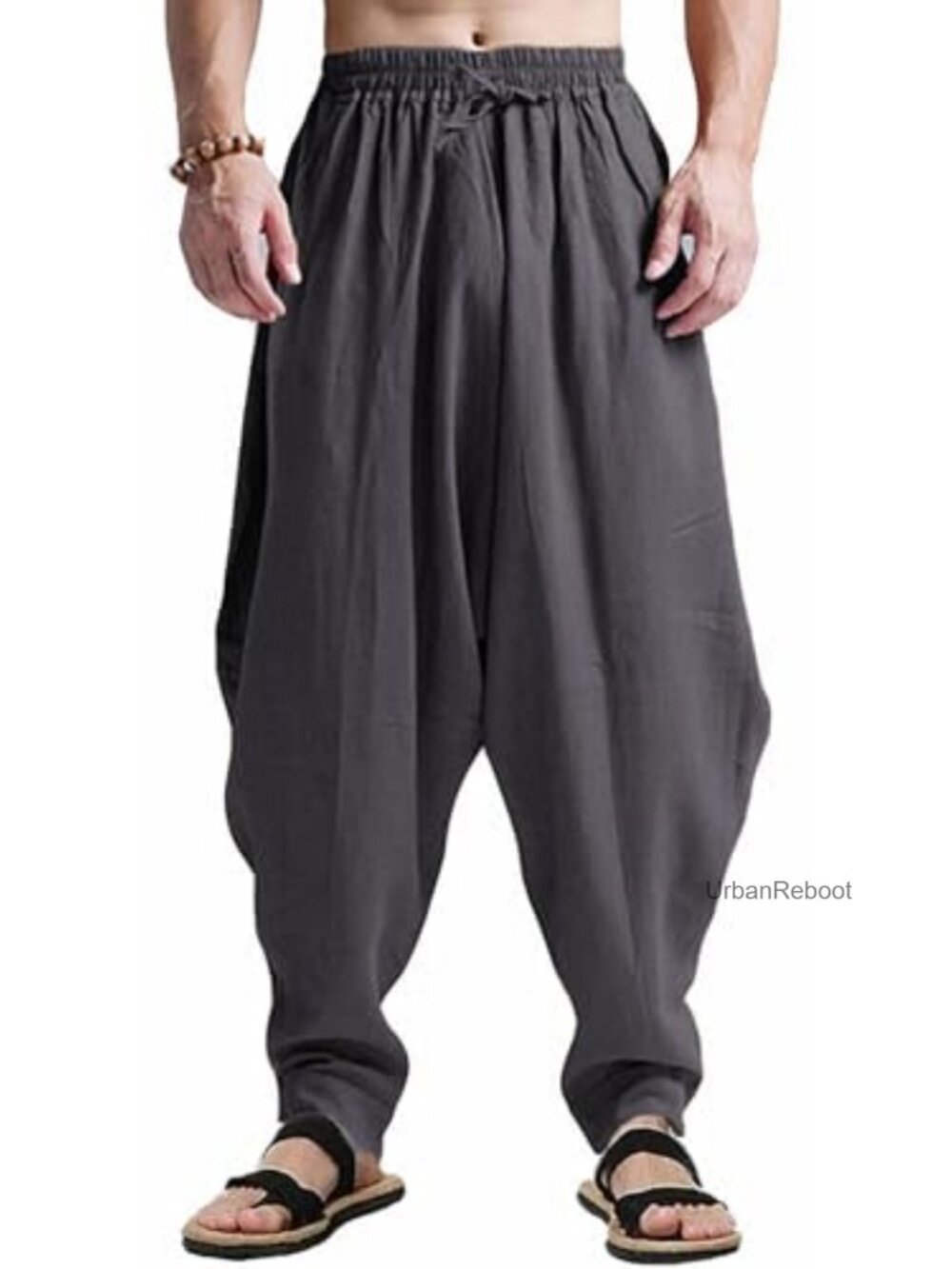 Men's Cotton Harem Pants Loose Drop Crotch Hippie Trouser Drawstring